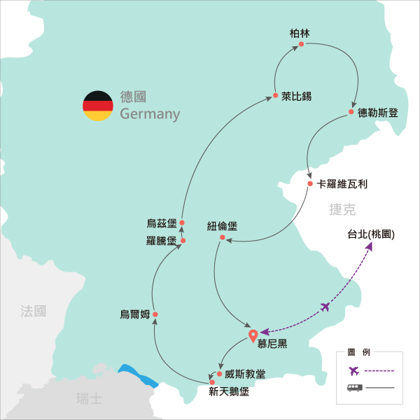 德意徜徉行程示意圖-