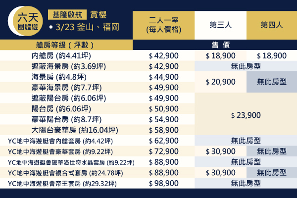 艙房售價表