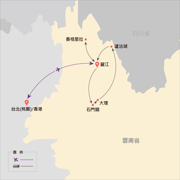 地圖僅提供路線示意參考，並未依照比例繪製，請見諒。-旅遊示意簡圖