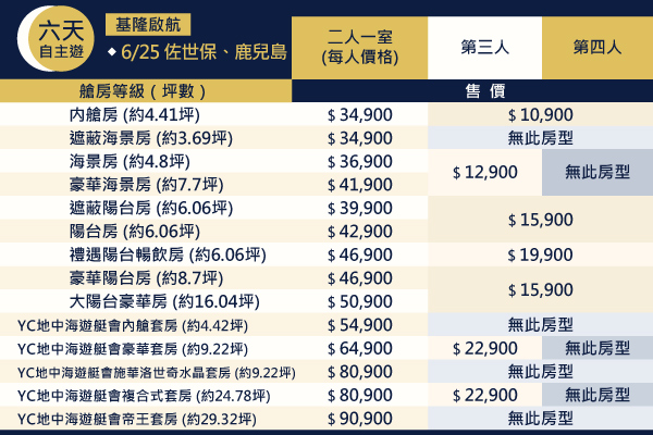 艙房售價表